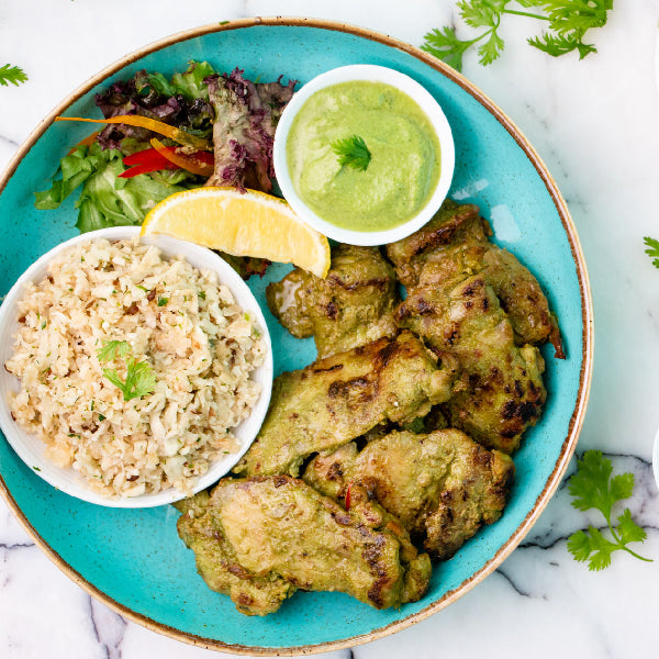Chicken Hariyali with Mint yoghurt chutney Basmati cumin rice, Cucumber Salad