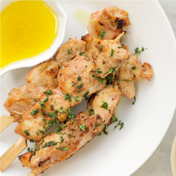 Chicken Shish Kebab with Kale Tabbouleh and Extra Virgin Olive Oil