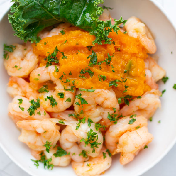 Garlic Shrimp, Pumpkin Mash and Cucumber Salad, Olive Oil