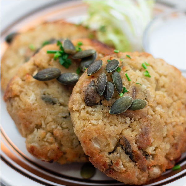 Cauliflower Hash Browns with Sunflower Seeds and Coconut Sauce