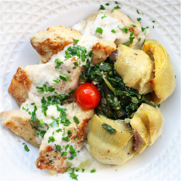 Sautéed Spinach, Artichoke Chicken, Gluten-Free Béchamel