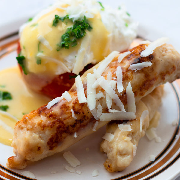 Cheese Chicken Sausage, Poached Egg with Grilled Tomato