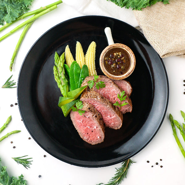 Grilled Beef Tenderloin with Three Pepper Jus, Seasonal Vegetables