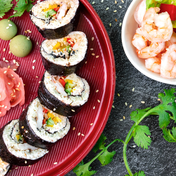 Paleo Shrimp Cauli Rice Sushi Roll & Asian Shrimp Salad