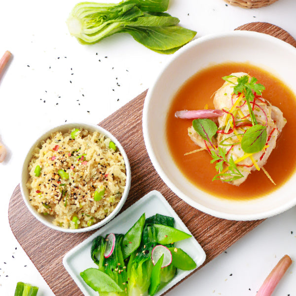 Steamed White Fish with Ginger and Spring Onions Served with Fried Brown Rice with Furikake