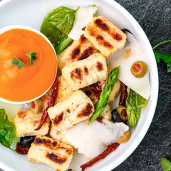 Cauliflower Gnocchi with Roast Bell Pepper Sauce and Chicken Sweet Potato