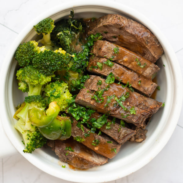 Grilled Beef Tenderloin with Three Pepper Jus, Seasonal Vegetables