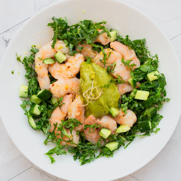 Shrimp Avocado Kale Salad, Lemon Olive Oil Dressing