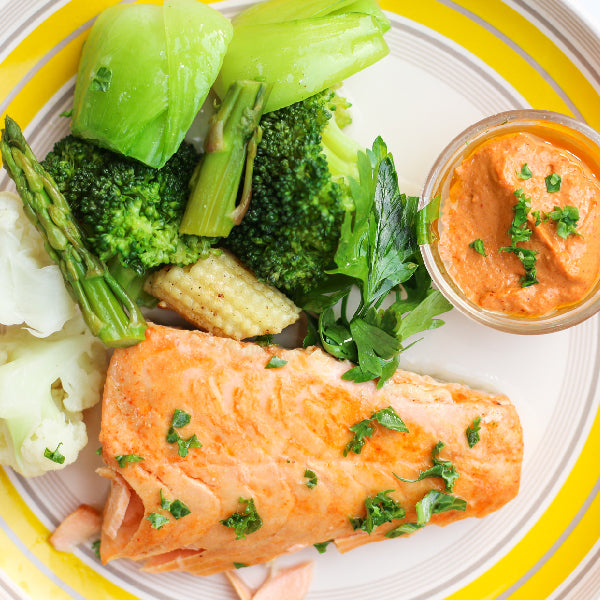 Steamed Salmon Fillet, Lime and Red Pepper Sauce, Asian Vegetables