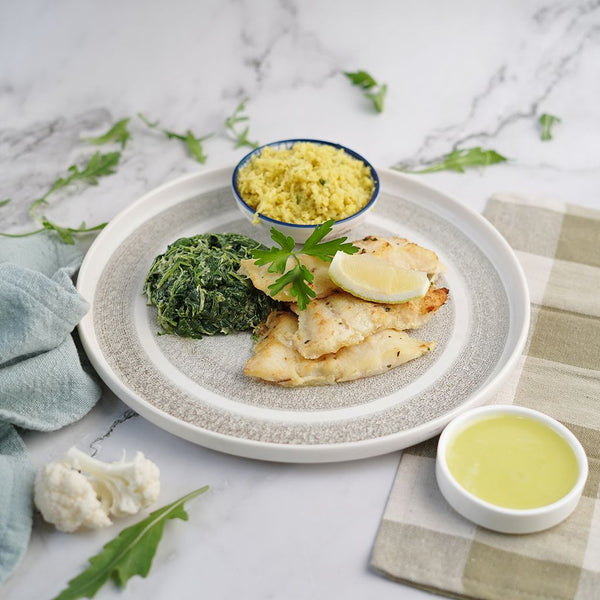 Baked Marinated Fish with Creamy Spinach and Cauli Rice