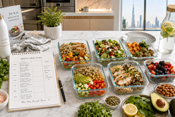 PCOS-friendly meal plan containers with healthy foods arranged for weekly meal prep in Dubai kitchen