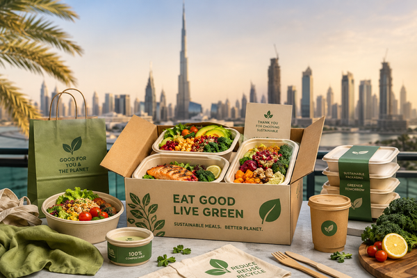 Sustainable meal plan Dubai delivery service with eco-friendly packaging and fresh prepared meals against Dubai skyline