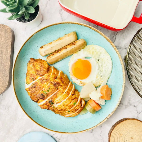 Chicken Cajun Spiced, Chicken Sausage & Sunny Side Egg