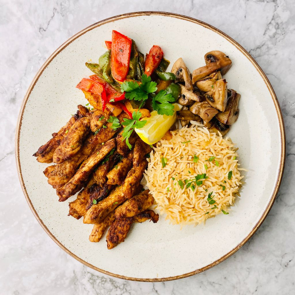 Fajita Chicken, Peppers, Cajun Rice and Roasted Mushroom – Basiligo