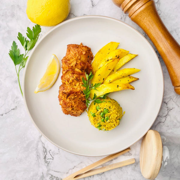 Fish Tikka, Potato Wedges and Cauliflower Peas
