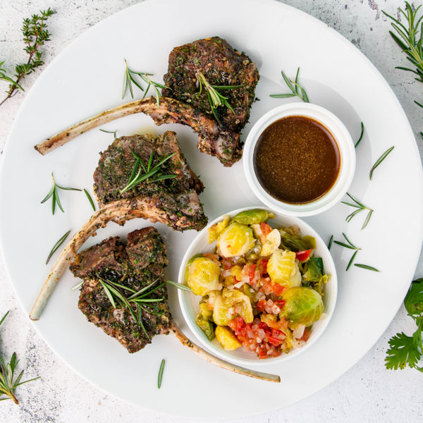 Paleo Herbs Rubbed Lamb Chops with Brussels Sprout Salad, Thyme Rosemary Jus