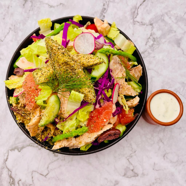 Keto Mediterranean Salmon Salad with Tahini Yogurt Dressing