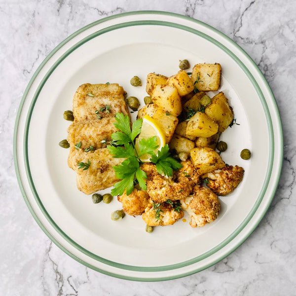 Lemon Caper Fish, Thyme Potato, Peri Peri Cauliflower