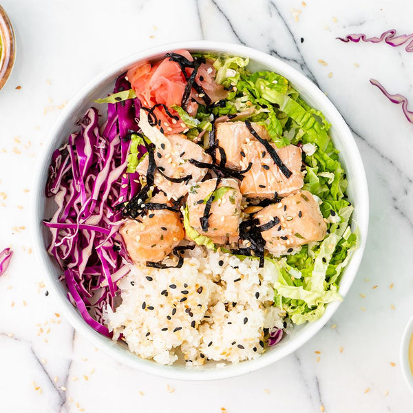 Paleo Salmon Cauli Rice Poke Bowl, Coconut Aminos Dressing