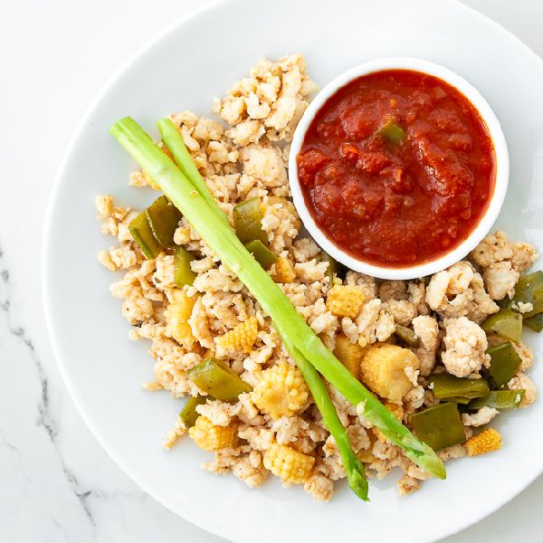 Scrambled Chicken with Spring Vegetables, Tomato Sauce