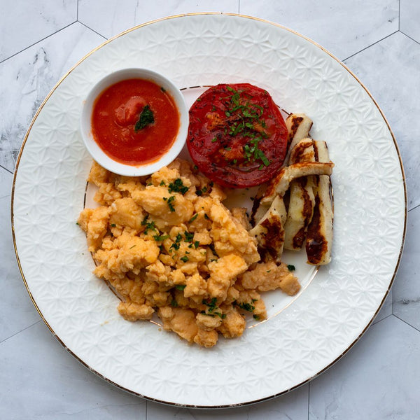 Scrambled Eggs with Halloumi Cheese and Grilled Tomato, Tomato Sauce
