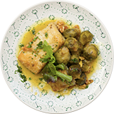 Seared White Fish, Walnut Brussels Sprout Salad with Mustard Dressing