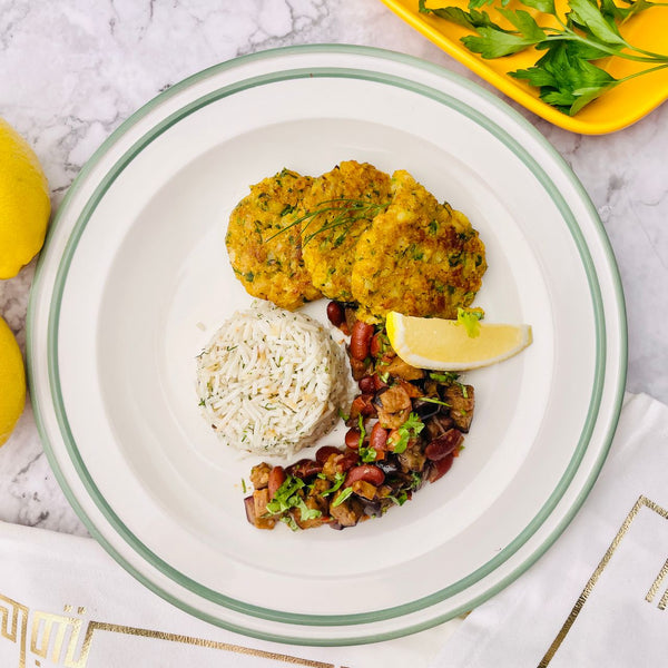 Shrimp Patties with Dill Rice, Aubergine Bean Salsa