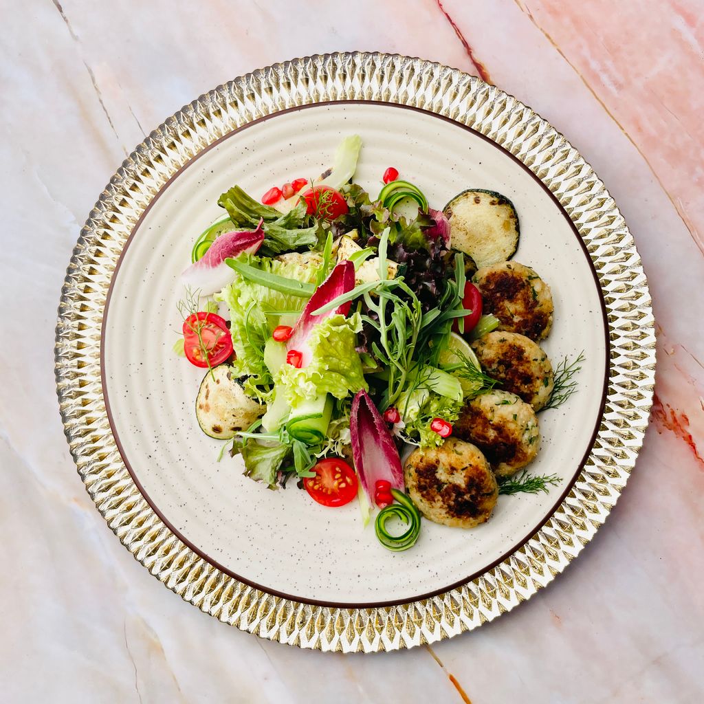 Smoked Thyme Fish Cakes, Mix Lettuce Brussels Salad – Basiligo