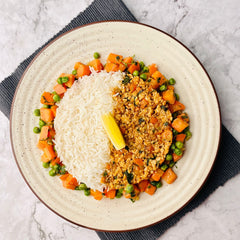 Turkey Mince with Rice, Sauteed Peas and Carrot