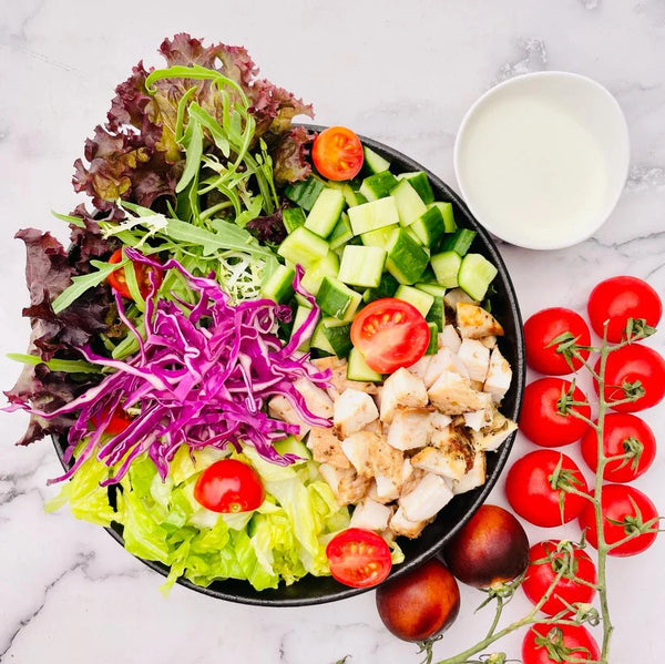 Low Carb Chopped Tex Mex Spiced Chicken Corn Salad, Honey Mustard Dressing