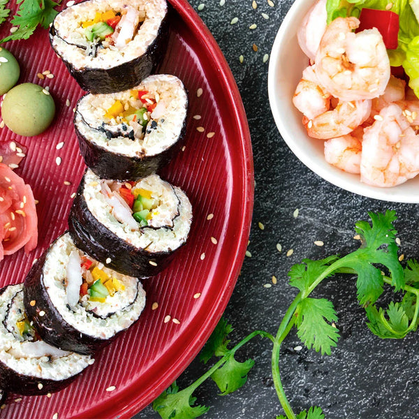 Paleo Shrimp Cauli Rice Sushi Roll & Asian Shrimp Salad