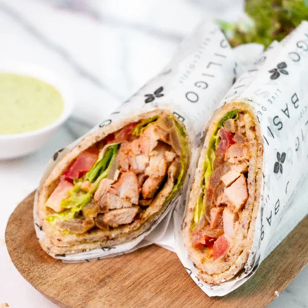 Chicken Tikka Sandwich in Keto Tortilla Bread with Jicama Stick