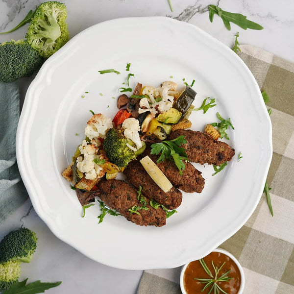 Lamb Shish Kebab, Lamb Jus with Roasted Veg, Garden salad