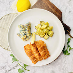 Thai Marinated Baked Fish, Cabbage Fritters, and Tomato Bulgur Pilaf