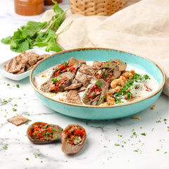 Fatteh Makdous - Pickled Eggplant with Beef, Tahina & Spiced Bulgur Pilaf