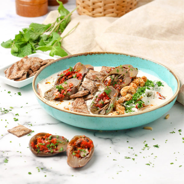 Fatteh Makdous - Pickled Eggplant with Beef, Tahina & Spiced Bulgur Pilaf