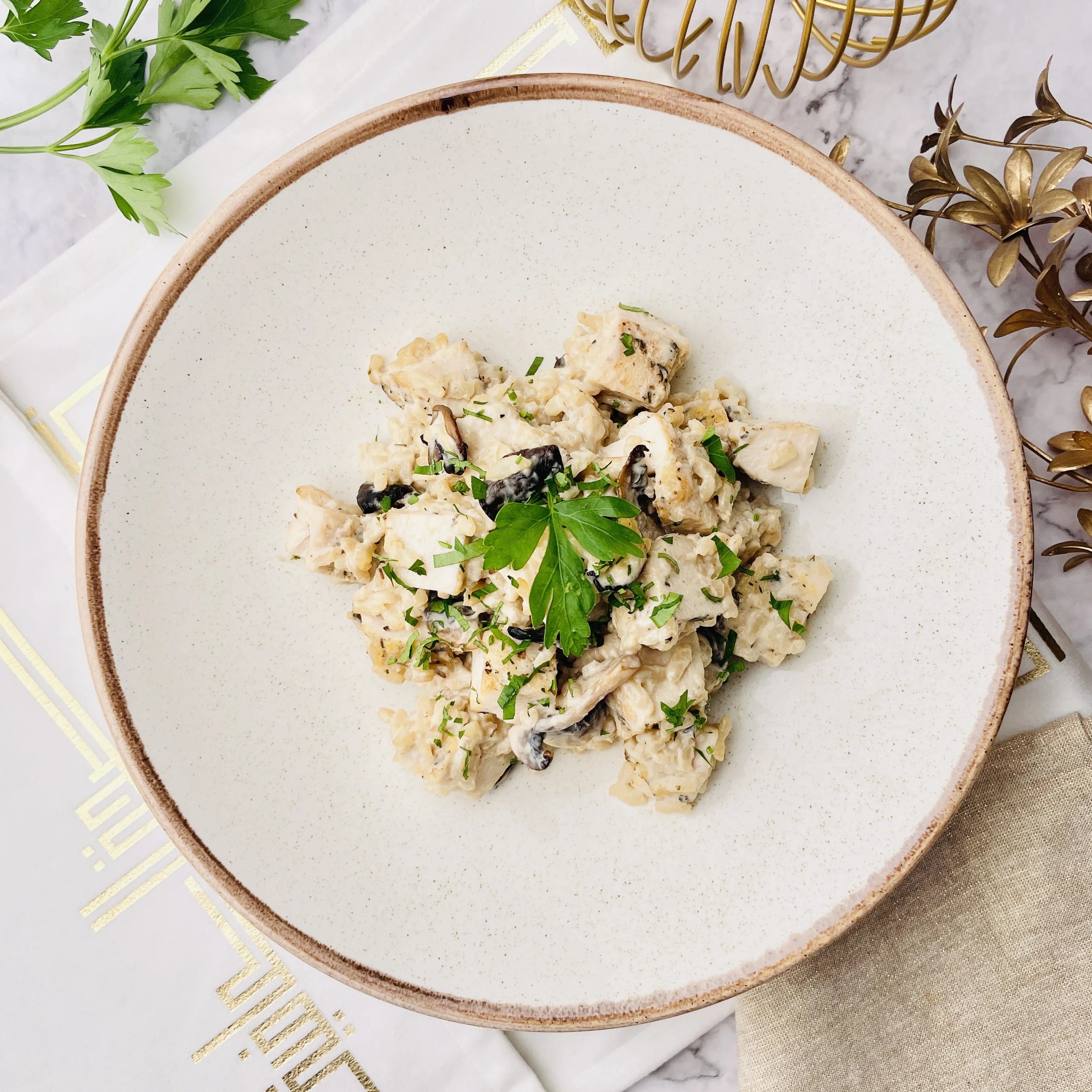 Chicken Mushroom Risotto with Broccoli & Cherry Tomato – Basiligo