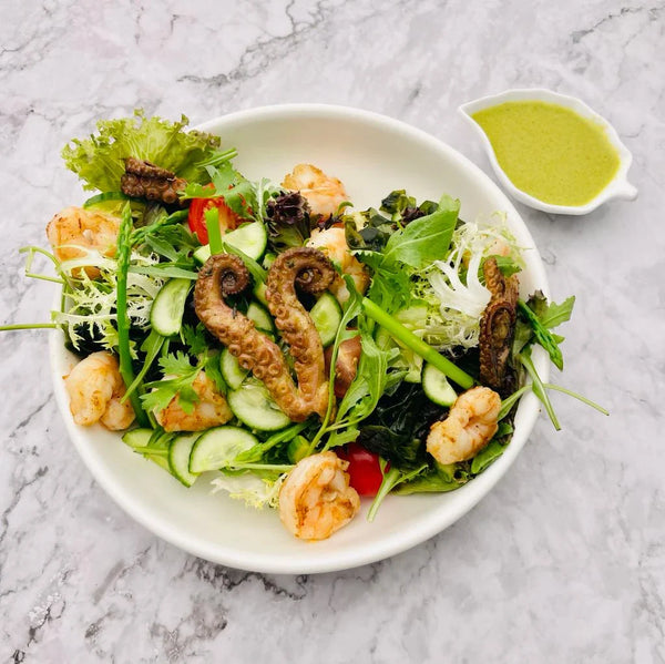 Chimichurri Octopus Shrimp Salad, Fresh Coriander Lemon Dressing and Sweet Potato